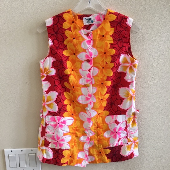 Vintage Pacific Isle Hawaiian Pink Top Homemade Small Aloha Top Orange Flowers - Picture 2 of 7
